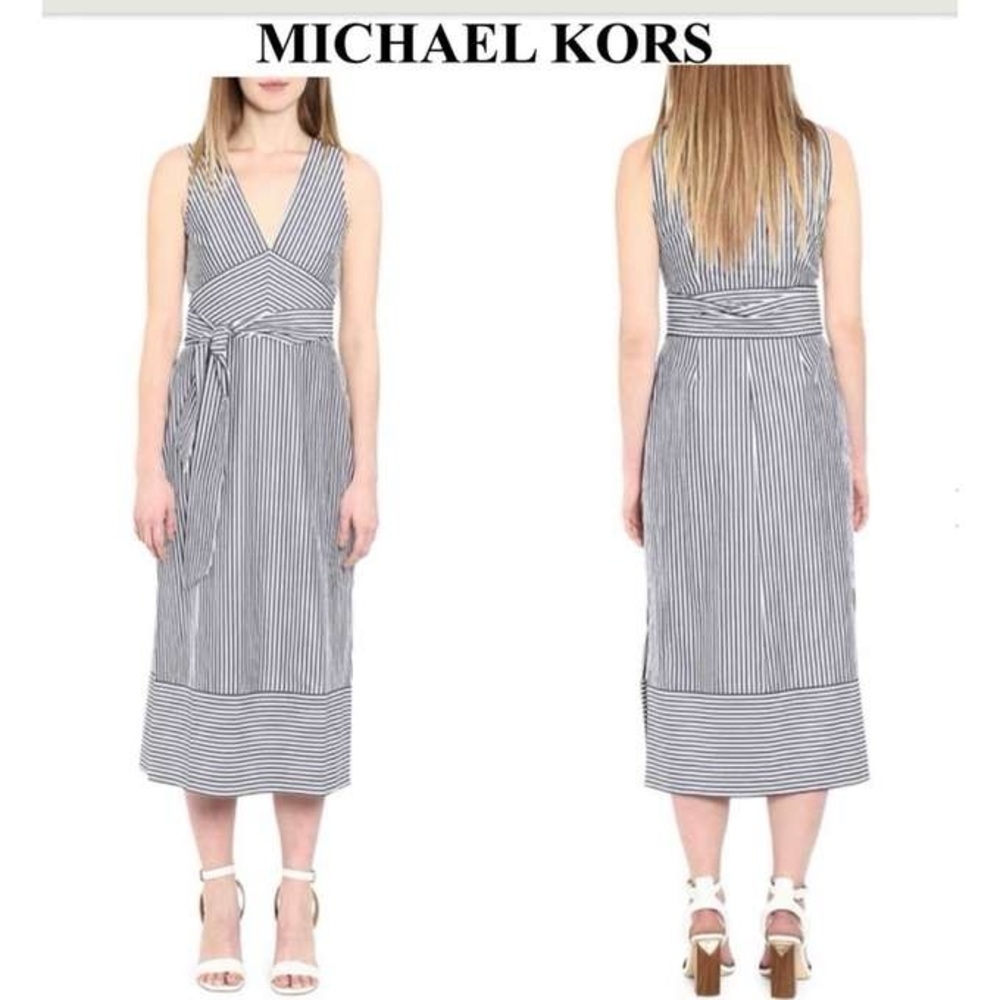 Michael Kors Navy/White Striped Midi Dress L NWOT